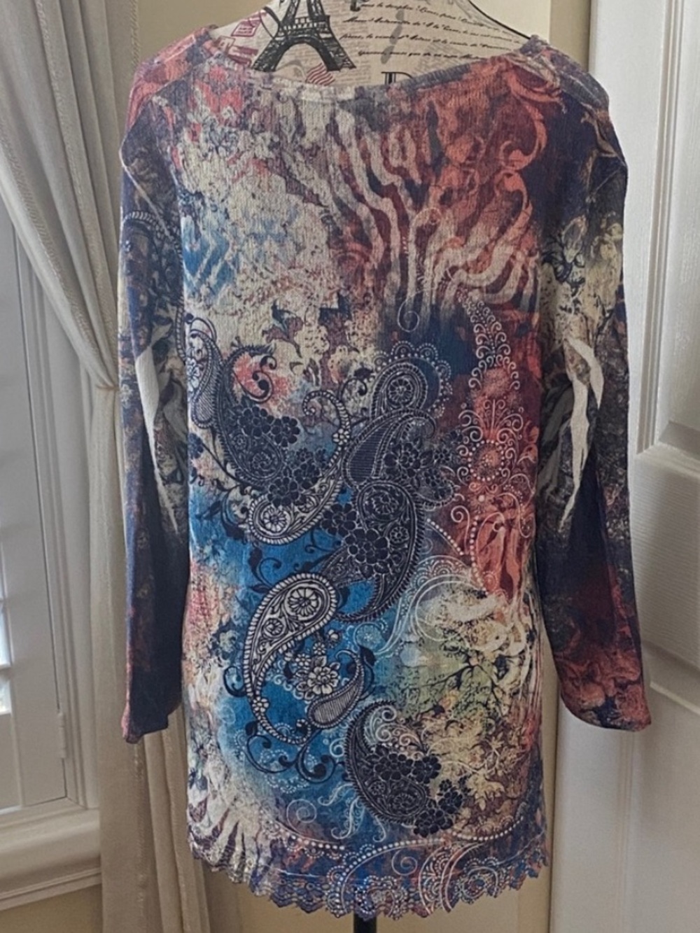 Reba Paisley Lace Hem Tunic Top Blue Pink Boho Size Large Made in USA - Picture 5 of 9